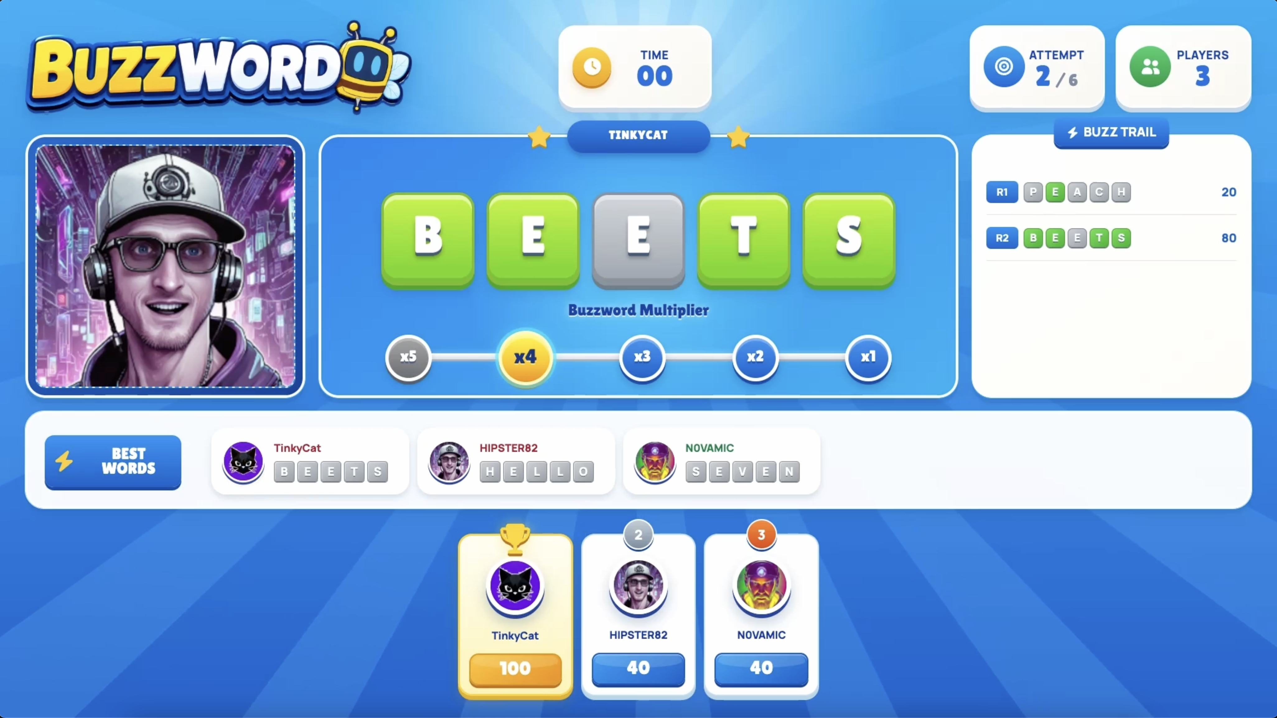 Buzzword game in progress using the avatar layout